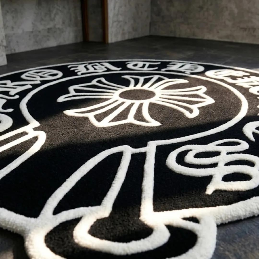 midnight noir crest rug texture Close-up low-angle view of the Midnight Noir Crest rug, highlighting the dense black and white hand-tufted wool pile and the crisp carved details of the central cross, with a sharp shadow cutting across the texture.