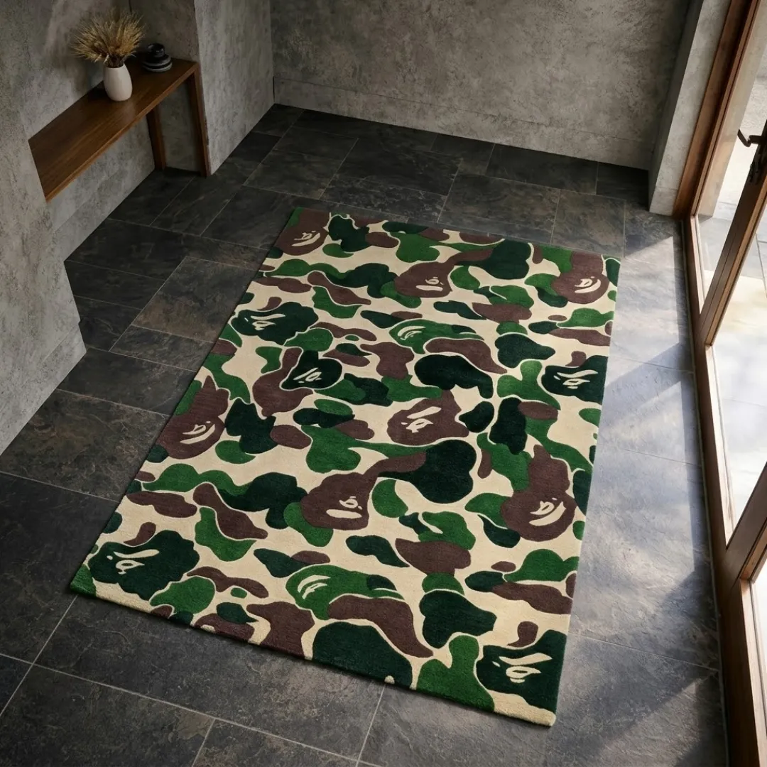 shadowfield camo terrain rug top Top-down view of the rectangular Shadowfield Camo Terrain rug, showcasing its bold streetwear-inspired camouflage design featuring signature ape head silhouettes embedded within the green, brown, and beige shapes.