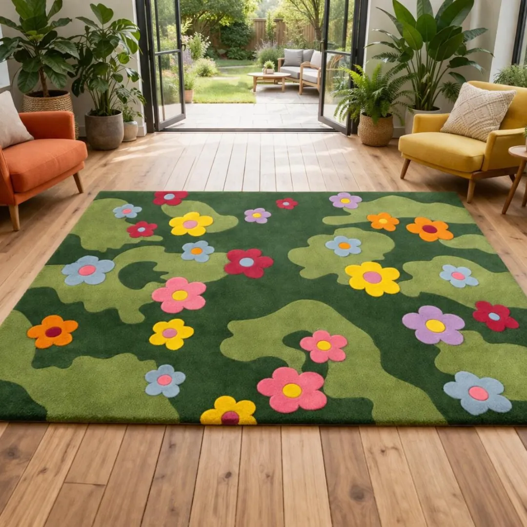daisy meadow rug living room open doors An angled view of the rectangular Daisy Meadow Rug placed on a hardwood floor in a sunlit room with indoor plants and colorful accent chairs. The tufted rug features a wavy two-tone green background scattered with bright, multicolored daisy flowers.