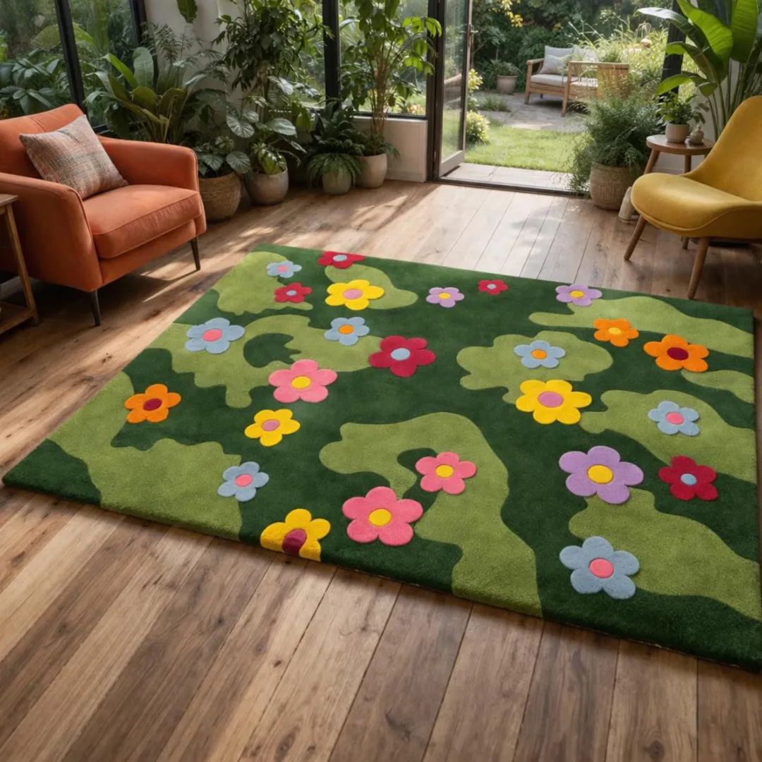 daisy meadow rug sunlit living room A low-angle shot of the vibrant Daisy Meadow Rug on a wooden floor, with a view looking out through open glass patio doors into a garden. The rug's thick tufted texture and colorful floral pattern stand out in the natural light.