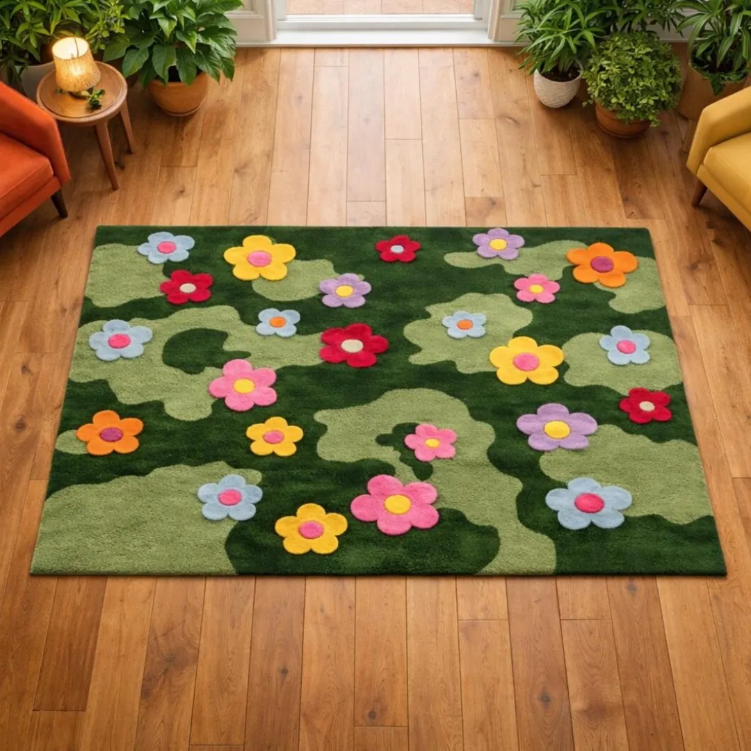 daisy meadow rug wood floor overhead An overhead perspective of the Daisy Meadow Rug styled in a cozy living space on a wooden floor, flanked by an orange armchair, a yellow chair, and various potted houseplants.