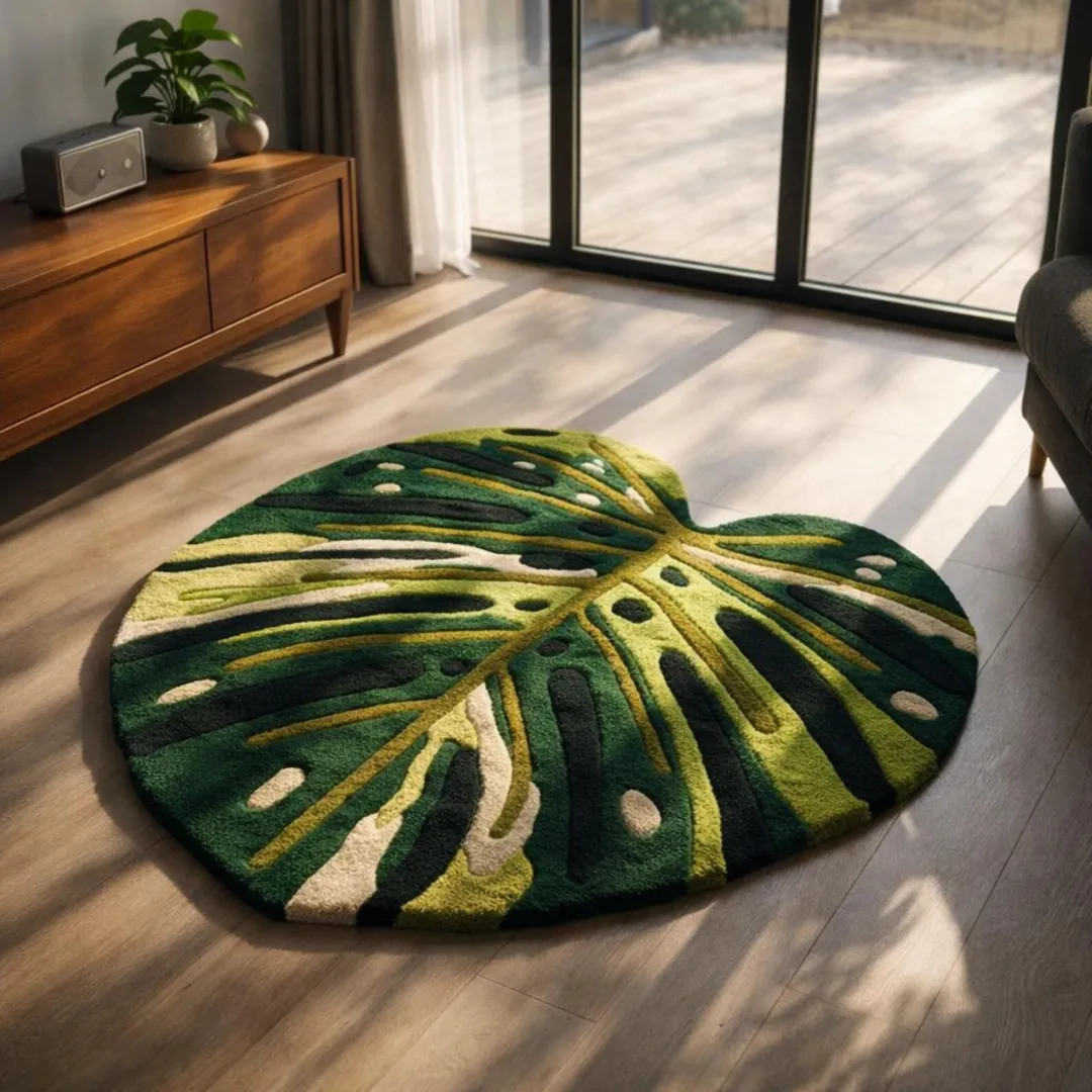 leafline monstera rug living room sunlight Angled view of the Leafline Monstera Rug resting on a light hardwood floor next to a wooden stool and white curtains. The tufted rug perfectly captures the natural shape and inner cut-outs of a split monstera plant leaf.