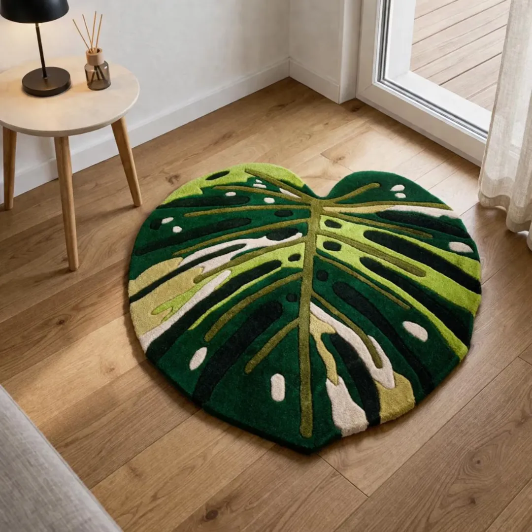 leafline monstera rug near window Top-down view of the Leafline Monstera Rug on a light wood floor next to a small white side table. The hand-tufted rug features a vibrant green tropical leaf design with dark green, light green, and cream-colored accents.