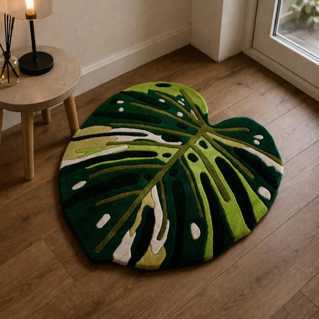 leafline monstera rug side table Overhead shot of the tufted Leafline Monstera Rug styled on a wooden floor beside a decorative side table. The rug is cut into the shape of a large, multi-toned green tropical monstera leaf.