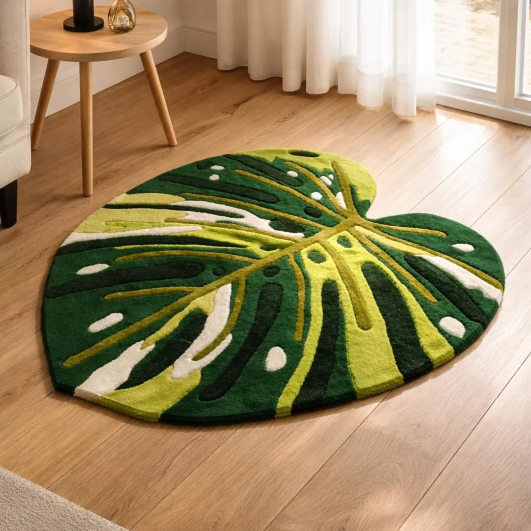 leafline monstera rug wood floor The Leafline Monstera Rug placed in a bright, sunlit living room with a wooden media console and large glass sliding doors. The tropical leaf-shaped rug shows off its textured yarn detailing in shades of dark green, lime, and white.