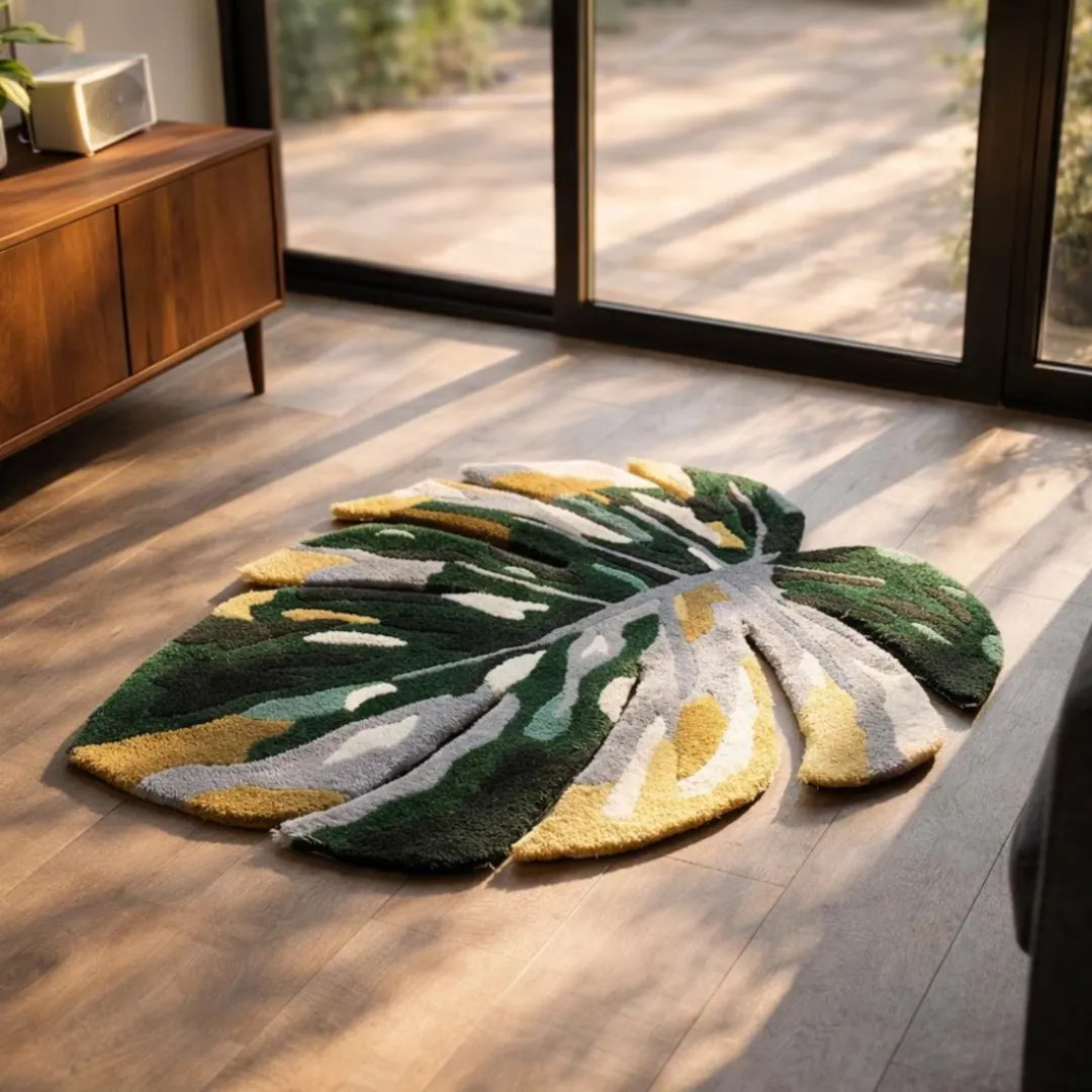 monstera tropical rug sunlit living room The variegated Monstera Tropical Rug resting on a hardwood floor bathed in natural sunlight. Placed in a modern living room next to large glass doors and a wooden console, the rug showcases its custom tropical leaf shape and textured yarn.