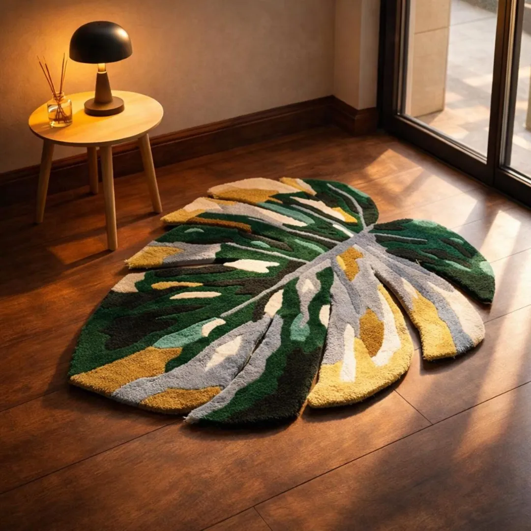 monstera tropical rug warm lighting Top-down view of the hand-tufted Monstera Tropical Rug placed on a dark wood floor beside a white side table. The custom cut-out rug features a beautifully variegated split leaf design in shades of deep green, mustard yellow, grey, and cream.