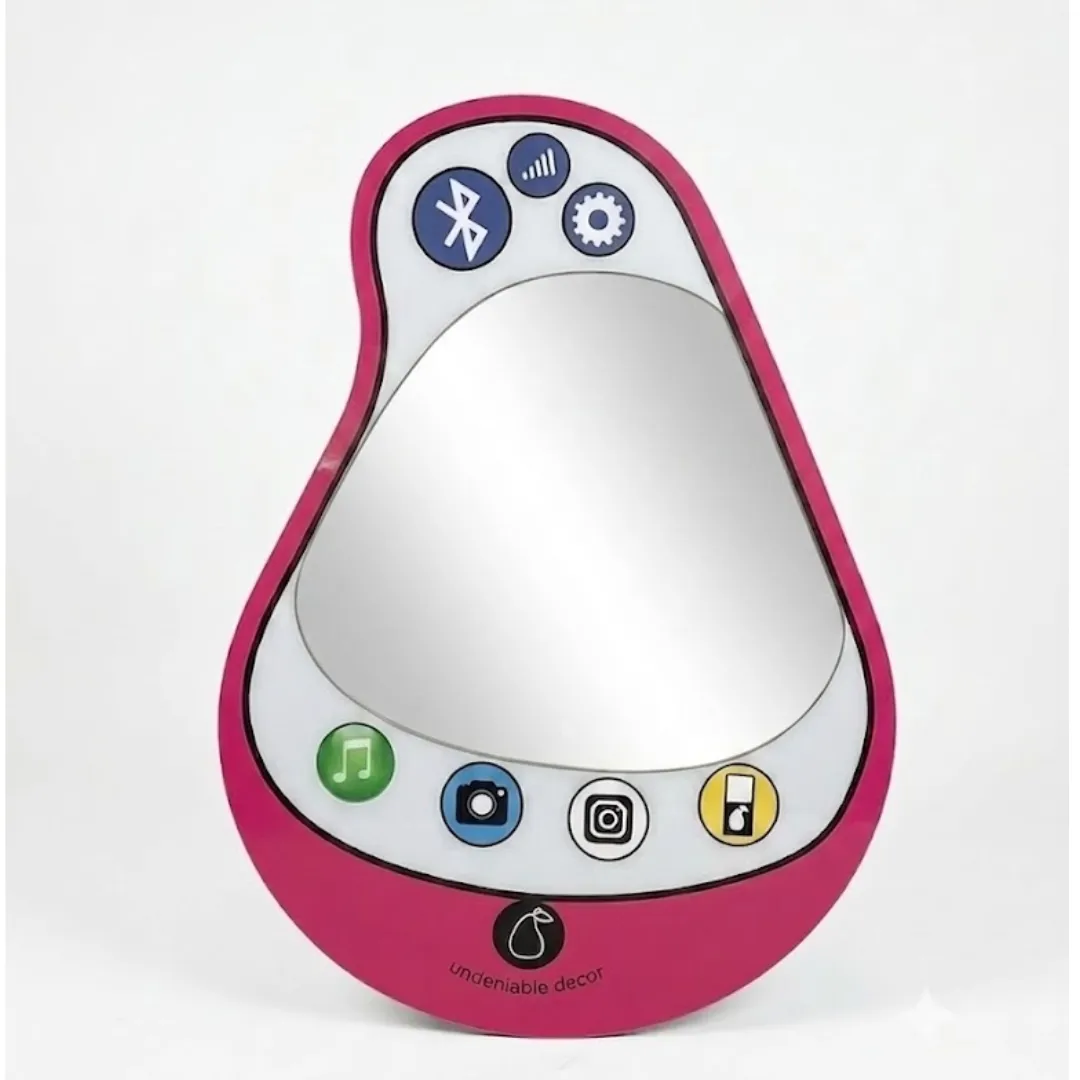 aura pear phone mirror hot pink selfie wall decor Product studio shot of the Aura Pear Phone Mirror isolated on a plain white background, featuring a hot pink pear-shaped border, retro smartphone app icons, and a glossy glass mirror surface.