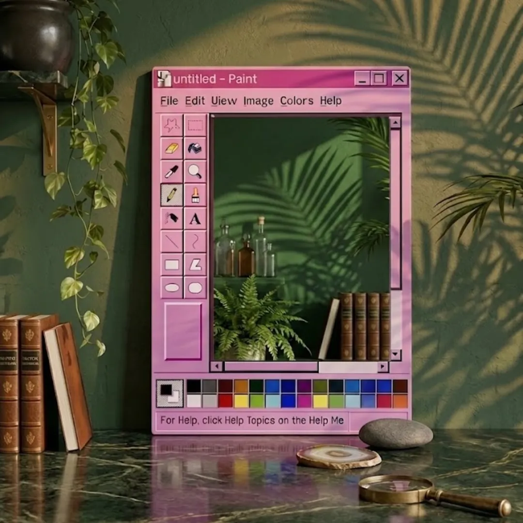 paint frame vintage ms paint mirror lifestyle decor Lifestyle shot of the Paint Frame mirror on a dark marble surface, surrounded by books, a magnifying glass, and a plant, set against a dark green wall with palm shadows.