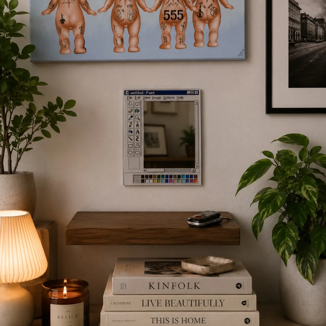 paint window retro computer art mirror interior shelf styling An interior lifestyle shot of a Paint Window mirror mounted on a light-colored wall above a wooden floating shelf, styled with books, a lit candle, a lamp, and a houseplant, reflecting a room interior.