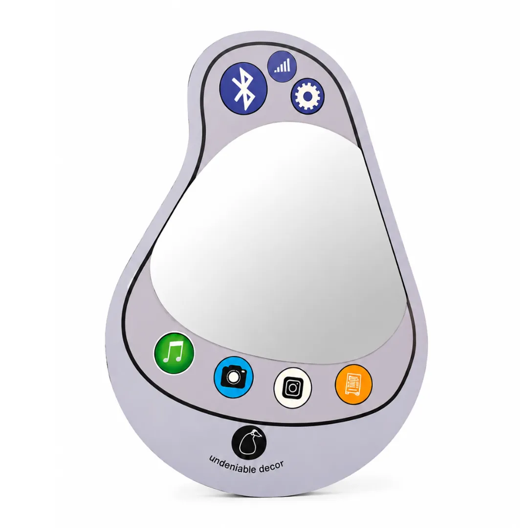 pear connect grey phone mirror product shot Product studio shot of the light grey Pear Connect phone mirror isolated on a plain white background, featuring a pear-shaped border, retro smartphone app icons, and a reflective glass surface.