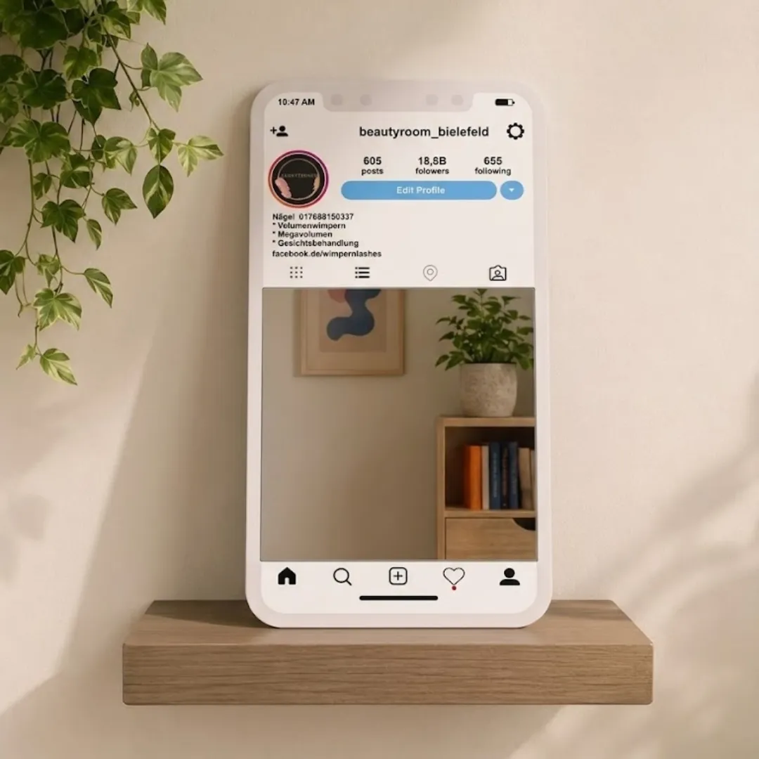 profile frame instagram style mirror decor Front-facing shot of the Profile Frame mirror, styled to look like an Instagram profile interface, displayed on a wooden shelf with hanging ivy, reflecting a clean wall background.