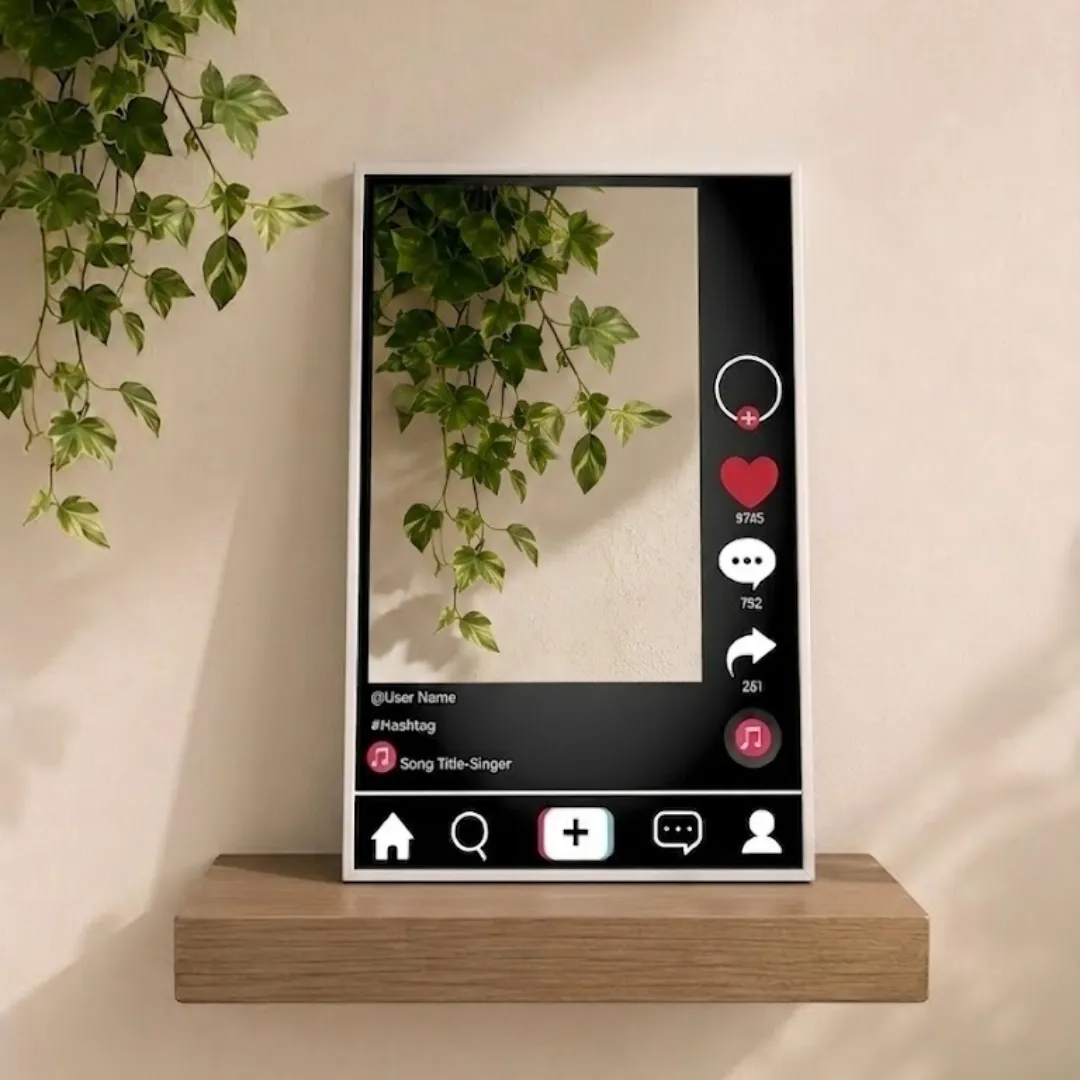 social frame tiktok style mirror decor Front-facing studio shot of the Social Frame mirror, designed to look like a social media post interface, displayed on a wooden shelf with a hanging plant, reflecting a neutral wall background.