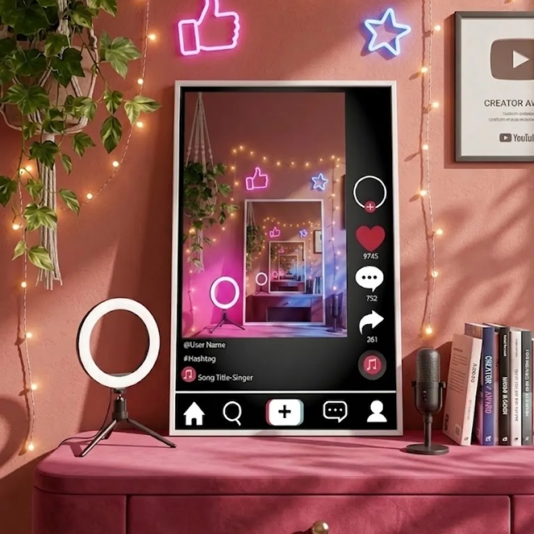 social frame tiktok style mirror lifestyle setting Lifestyle shot of the Social Frame mirror on a pink vanity, surrounded by a ring light, microphone, and books, reflecting a room illuminated by neon pink and blue fairy lights.