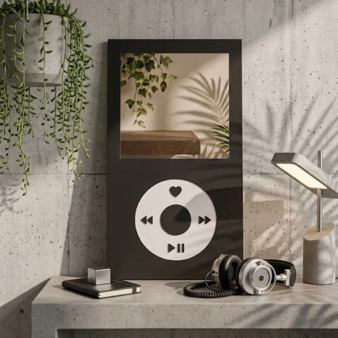 tune frame music player mirror industrial decor Front-facing shot of the Tune Frame mirror, designed to look like a retro music player, displayed on a concrete desk with headphones, books, and a desk lamp.