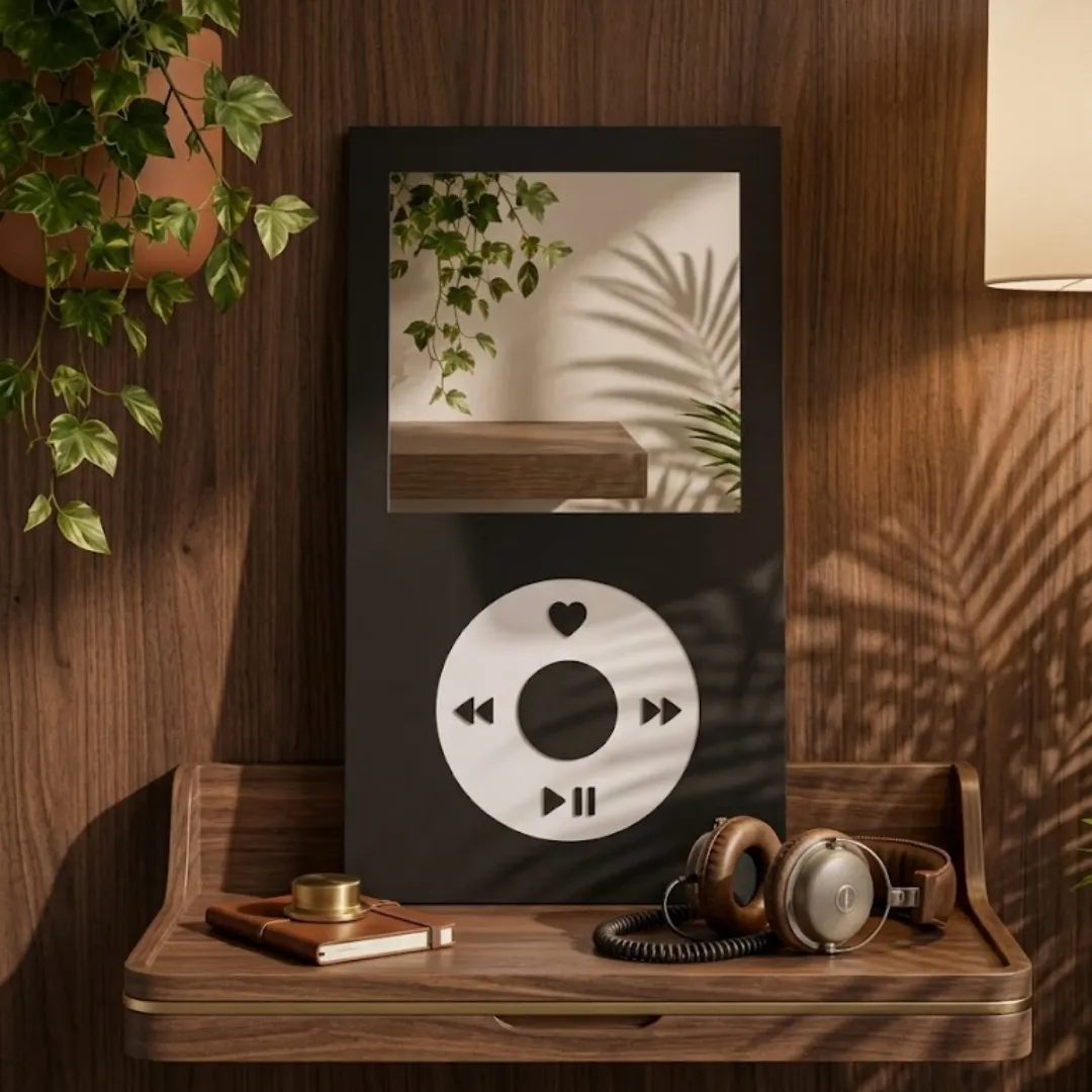 tune frame music player mirror wood shelf decor Lifestyle shot of the Tune Frame mirror placed on a simple floating wooden shelf, featuring a retro music player interface, against a neutral wall with hanging greenery.