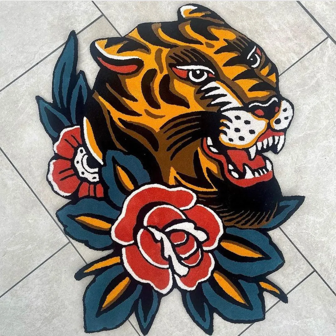 Bert Grim Tiger Tattoo Rug Made from New Zealand Wool Placed in Customer House.