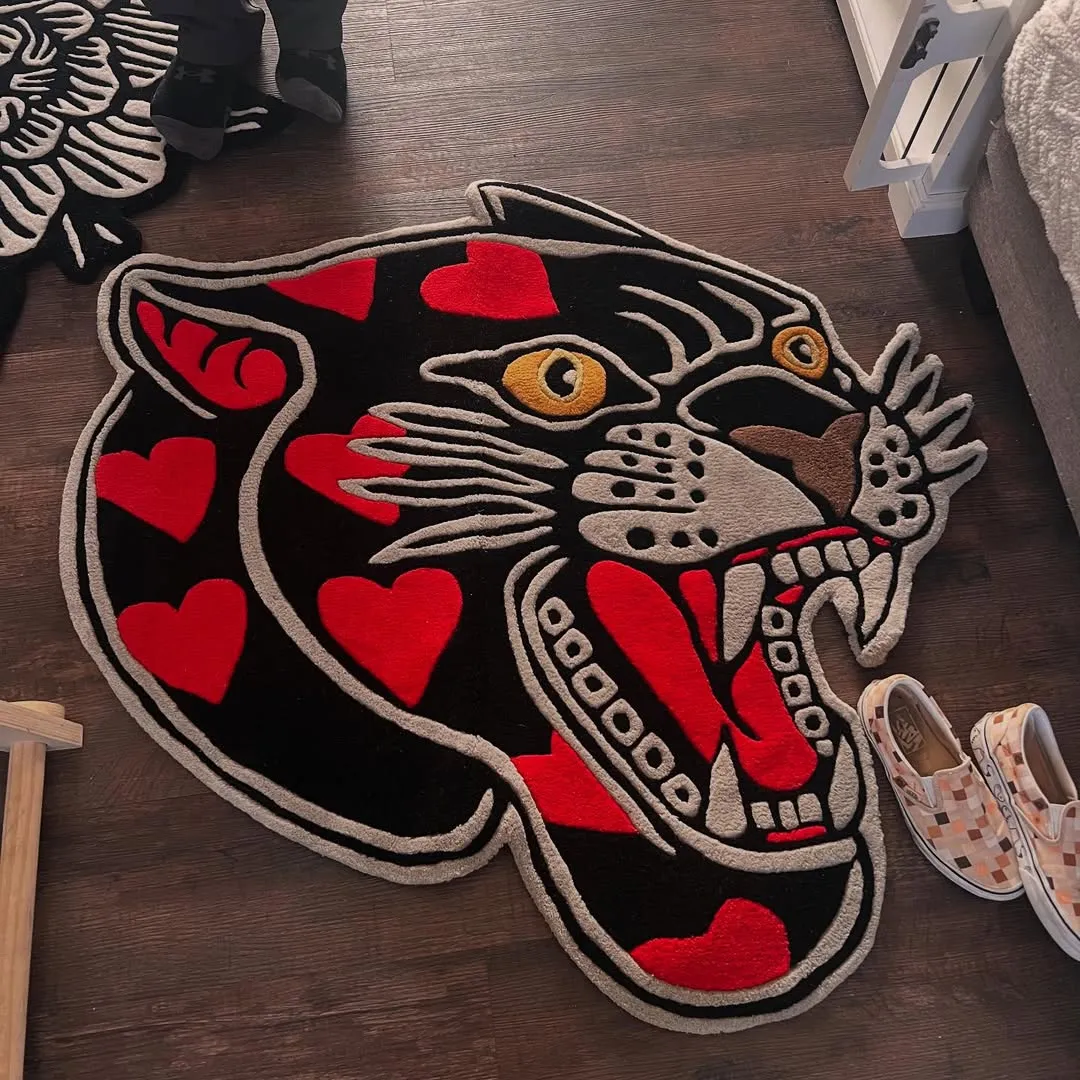 Panther Red Heart Tattoo Rug Made from New Zealand Wool Placed in Customer House.