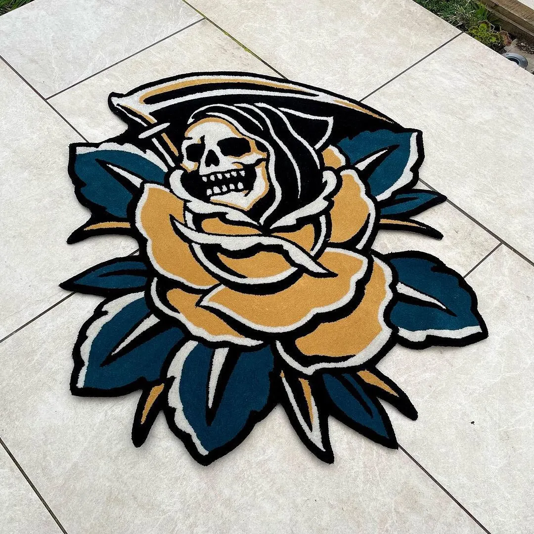 Yellow Reaper Rose Tattoo Rug Made from New Zealand Wool Placed in Customer House.
