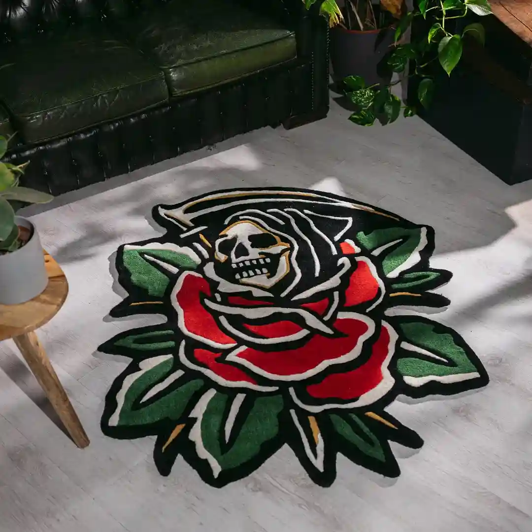 Dark Aesthetic Tattoo Rug with Reaper & Roses – Unique Home Decor