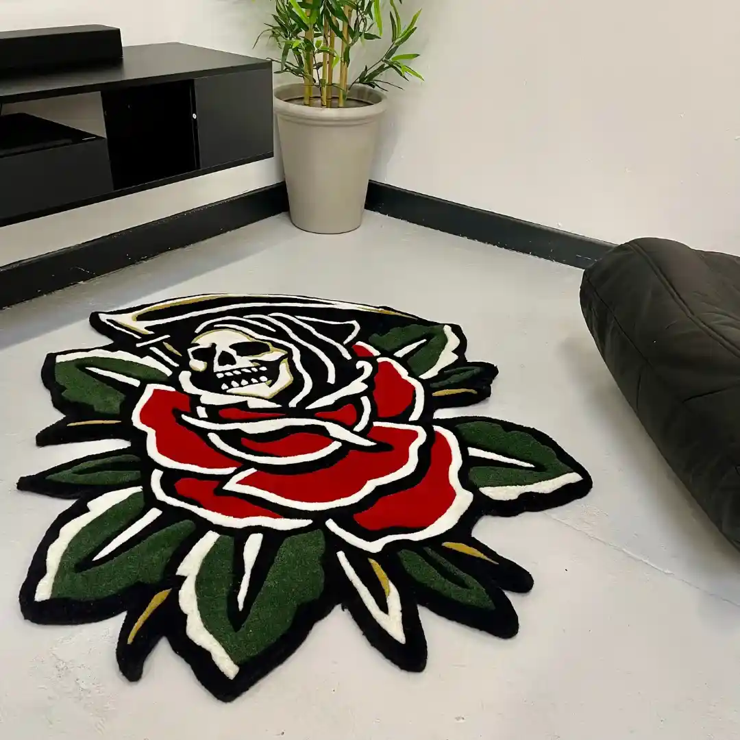 Dark Aesthetic Tattoo Rug with Reaper & Roses – Unique Home Decor