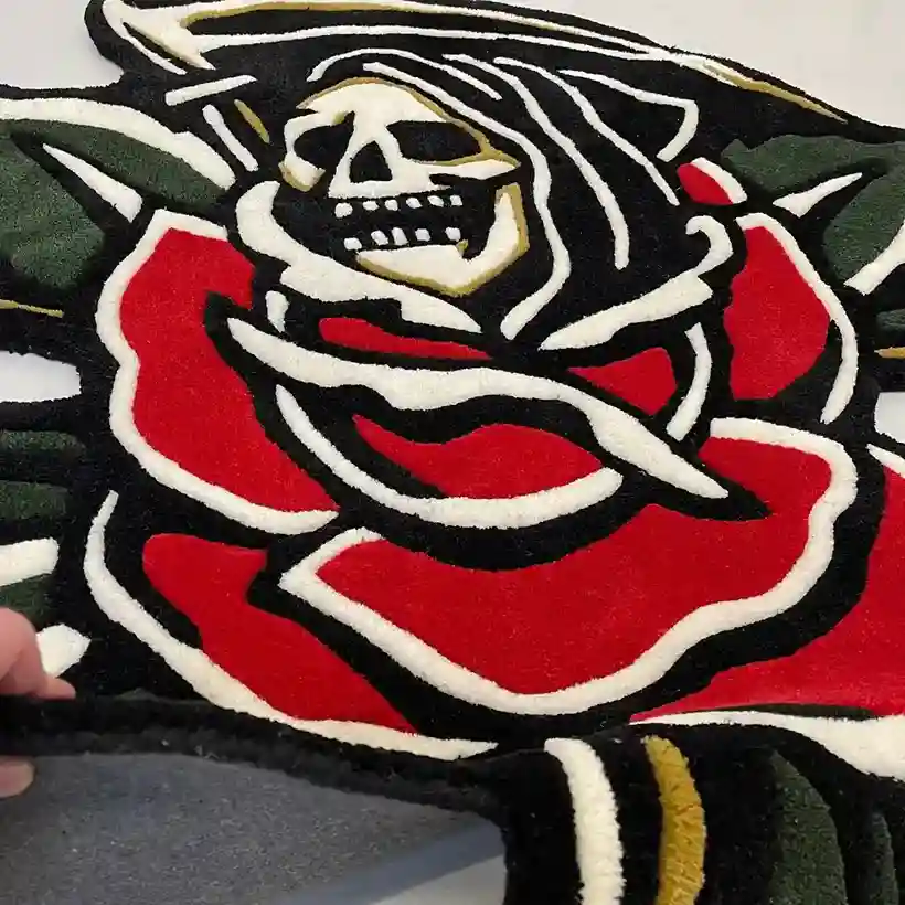 Blooming Reaper Tattoo Rug – Floral Skull Design Carpet for Home