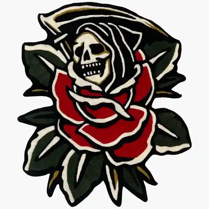 Blooming Reaper Tattoo Rug – Floral Skull Design Carpet for Home
