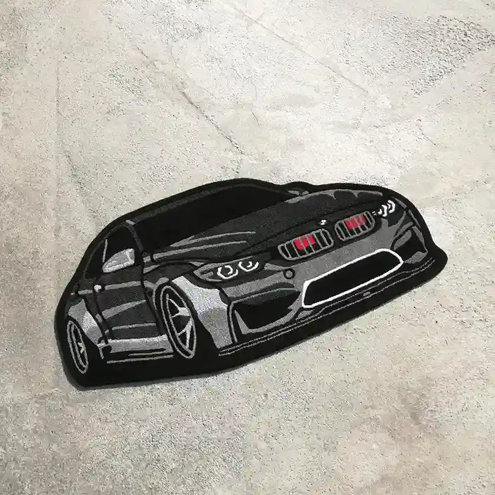 Close-up of Turbo Drift M Series rug for garage and gaming setup