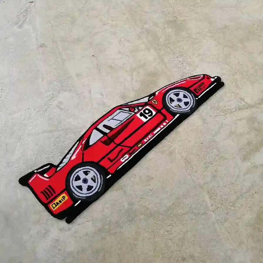 Motorsport-themed wool rug for garages and bedrooms