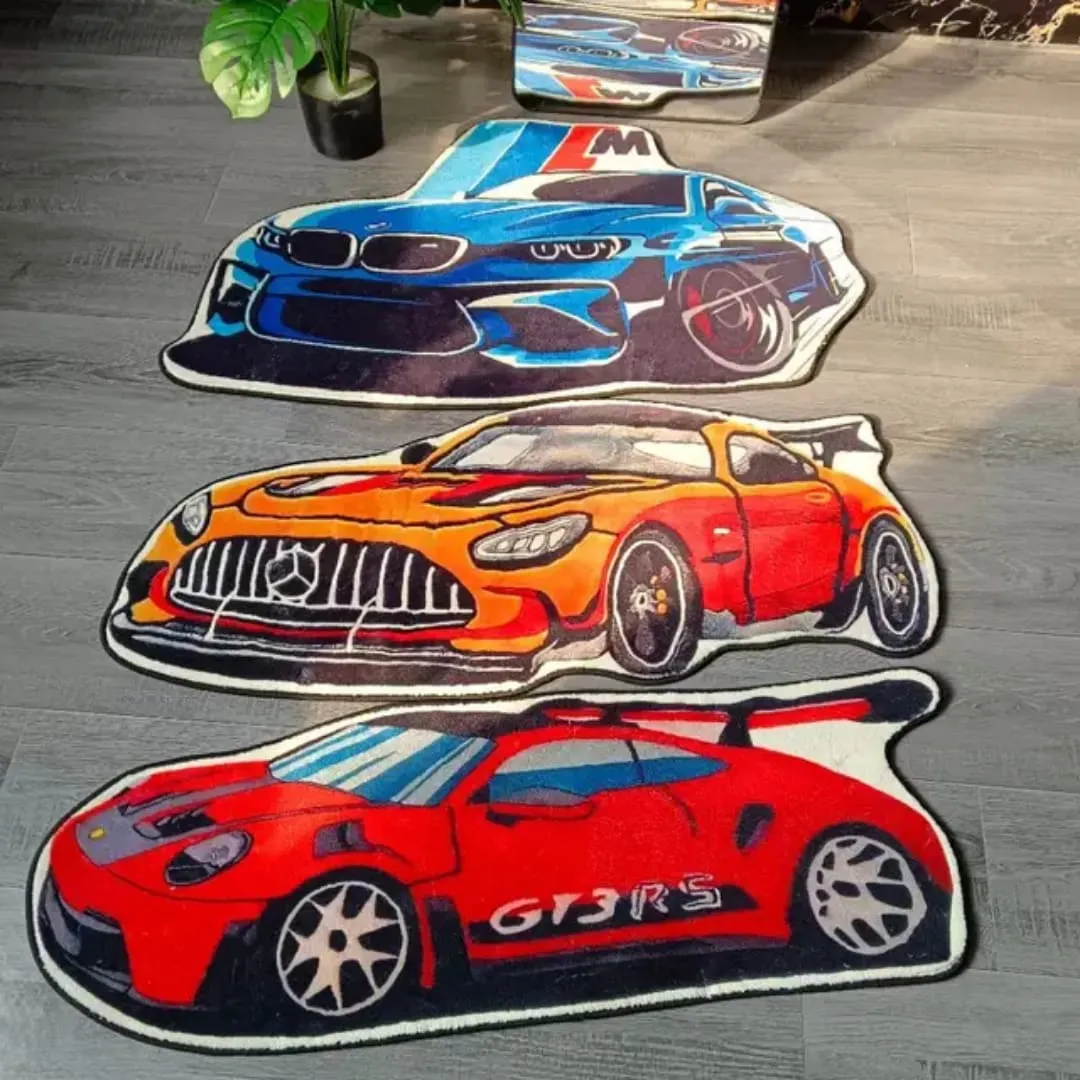 Close-up of the hand-tufted automotive-inspired design on the rug.