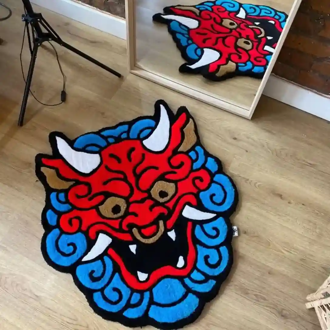 Red Oni Demon Rug – Japanese Tattoo Art Decor