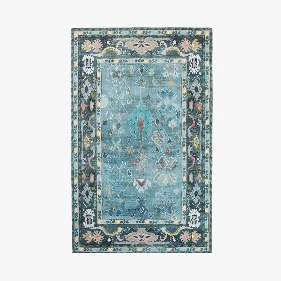 Vintage Distressed Blue Hand-Tufted Rug with faded blue pattern