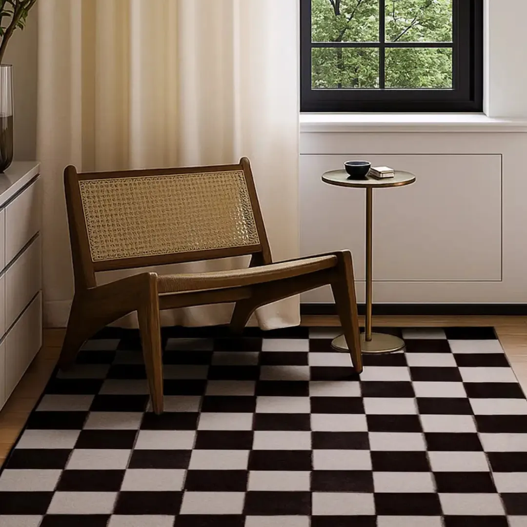 Hand tufted black rug and white rug combined in geometric design