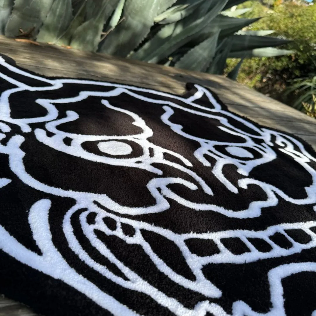 Close-up of Black Hannya Mask Rug showing premium wool texture