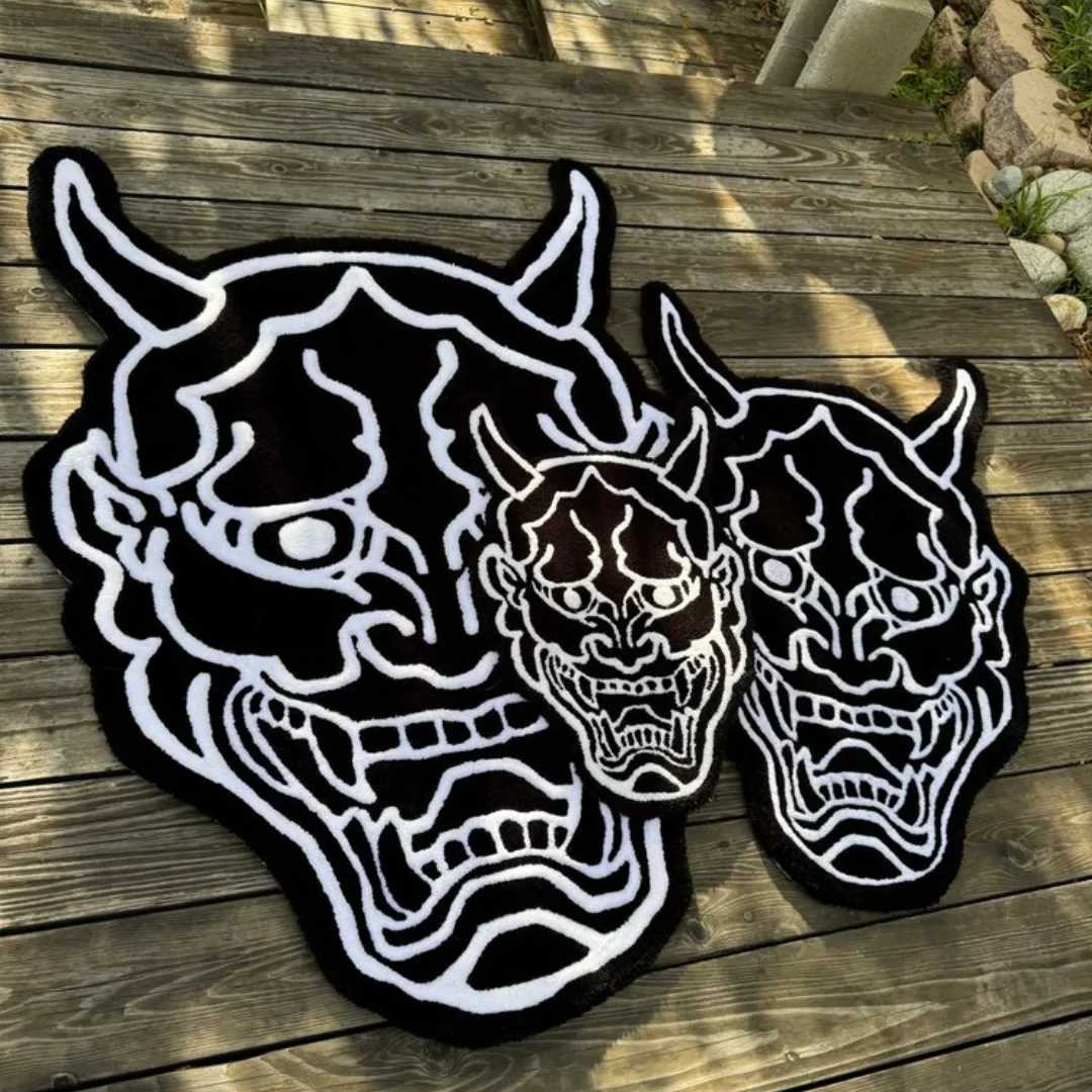 Custom-shaped Black and white Hannya Mask Rug for modern decor