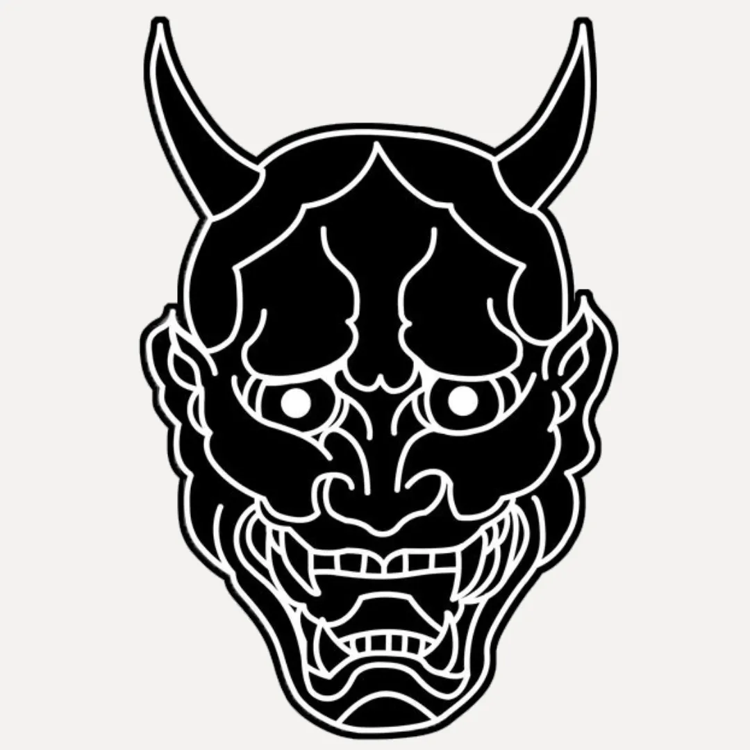 Hand-tufted Black Hannya Mask Rug in custom shape for tattoo decor