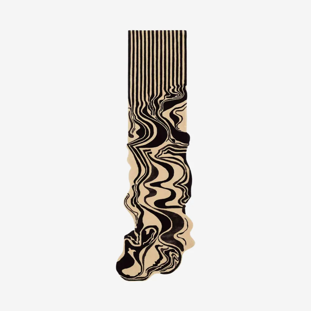 Sculpted black and beige melting lines runner rug