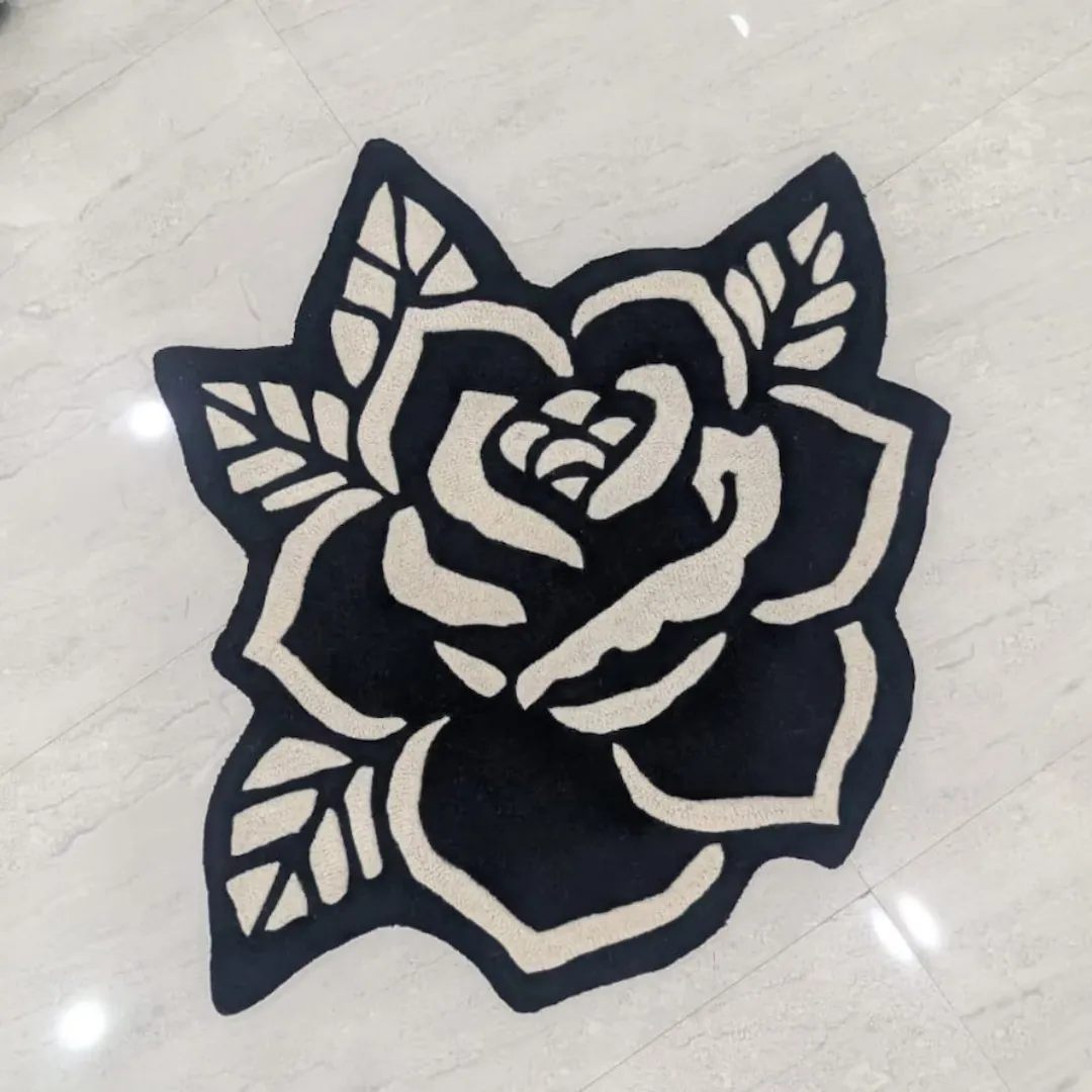 Black Rose Inked Rug Made from New Zealand Wool Placed in Customer House.