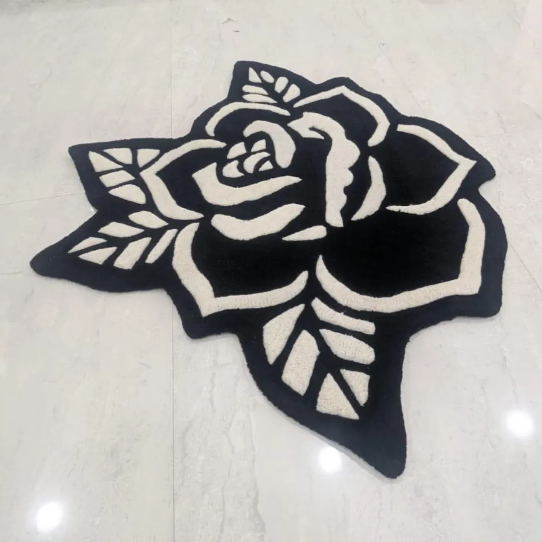 Black Rose Tattoo Rug Made from New Zealand Wool Placed in Customer House.