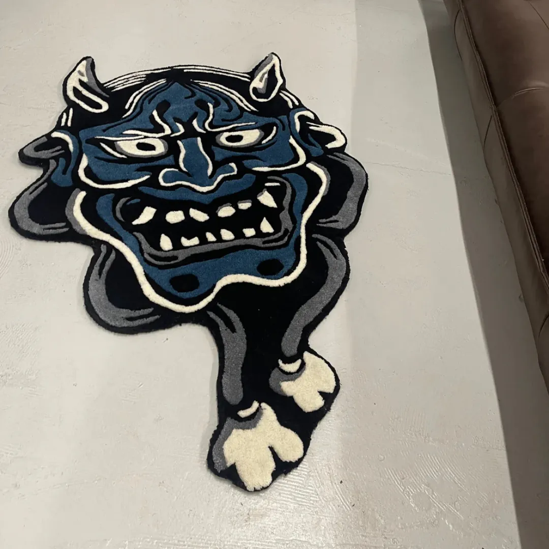 Custom-shaped Blue Hannya Rug in modern home setting