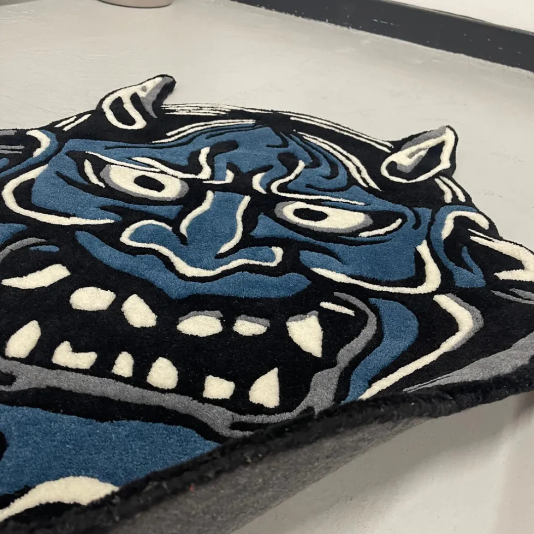 Close-up of wool texture on Blue Hannya tattoo rug