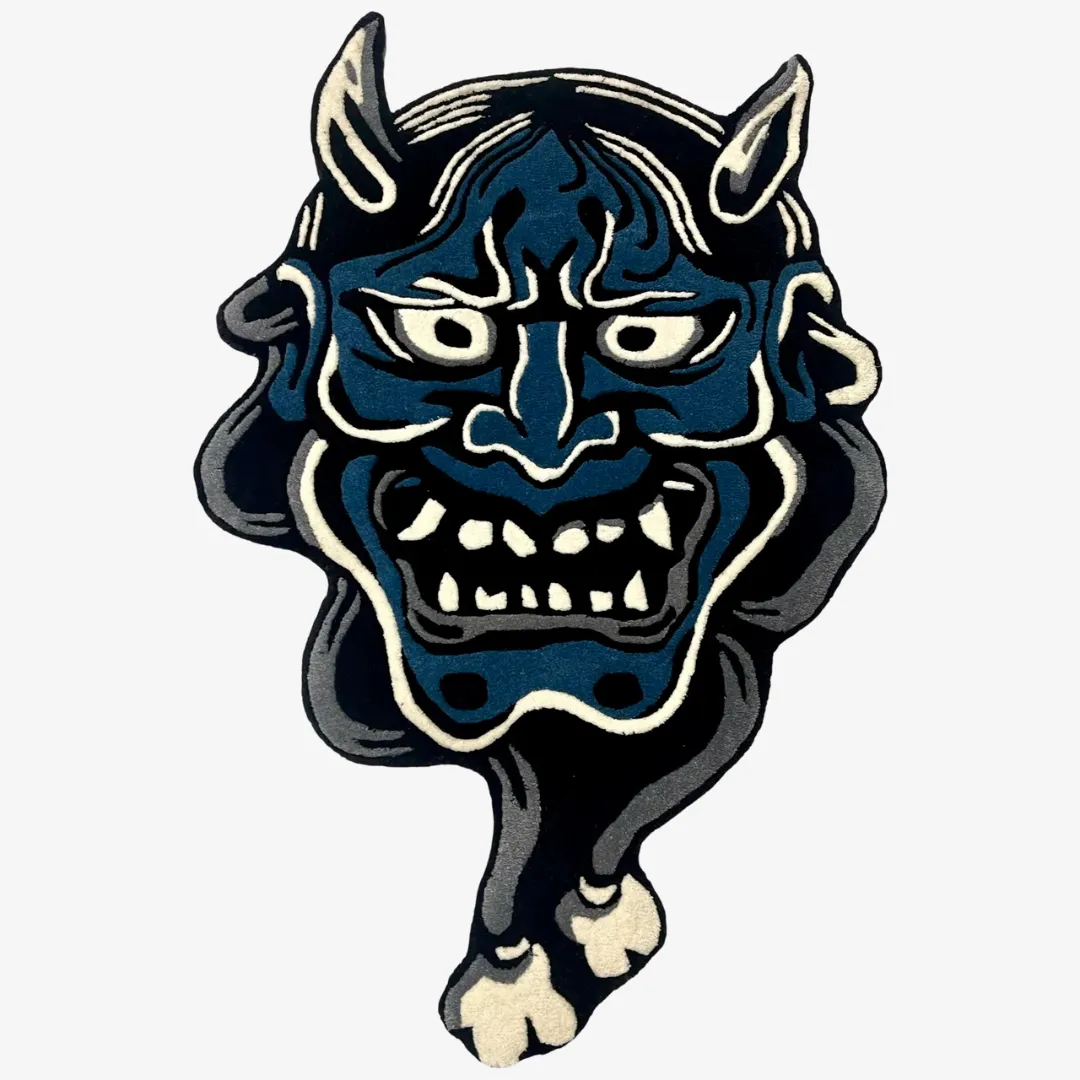 Hand-tufted Blue Hannya Mask Rug in custom shape