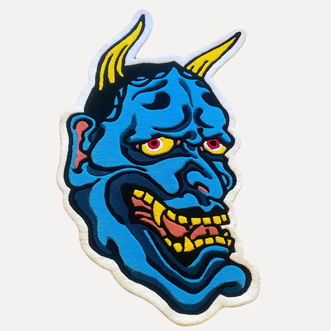 Blue Hannya Mask Rug with yellow horns and teeth in custom shape