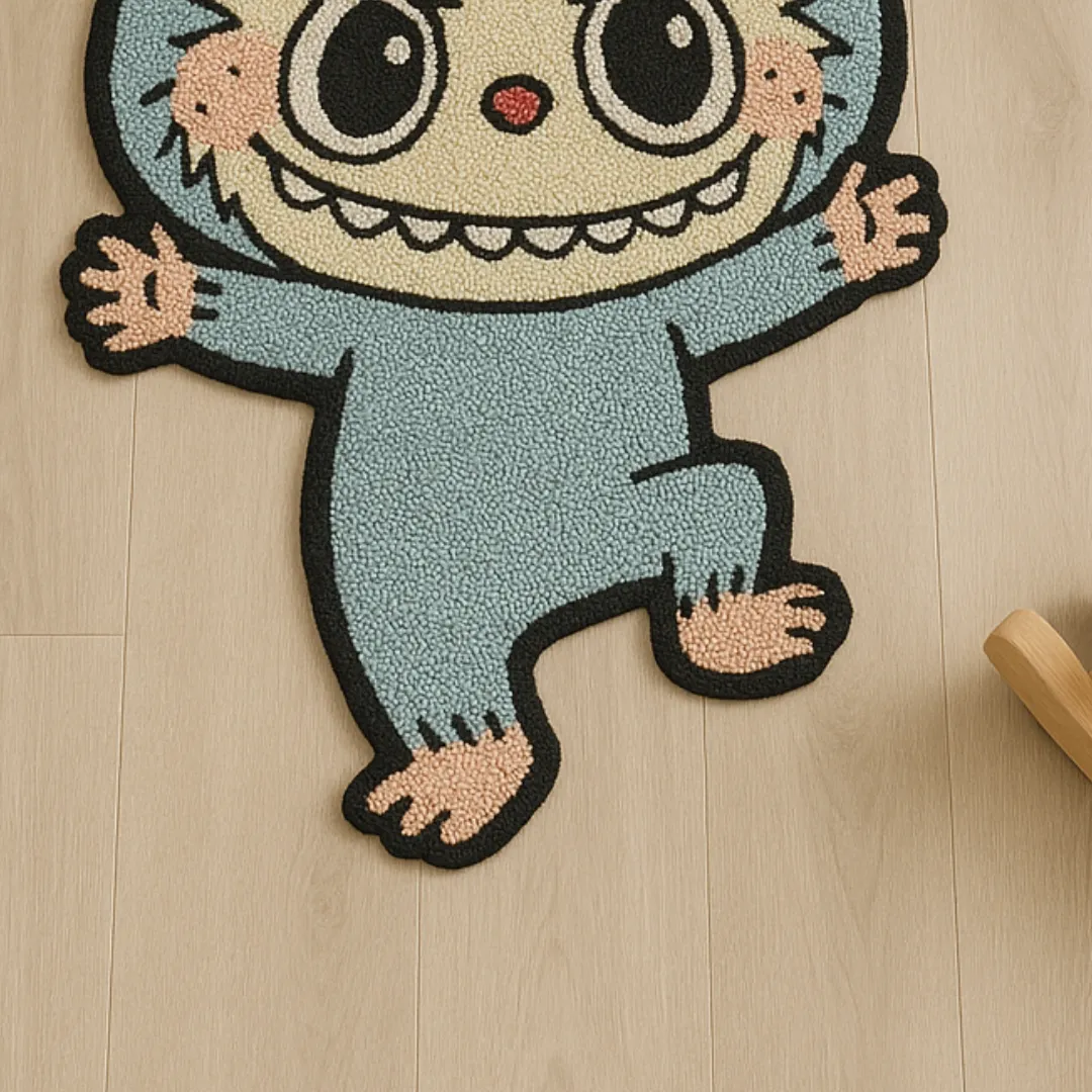 Cartoon-style blue Labubu rug with happy face