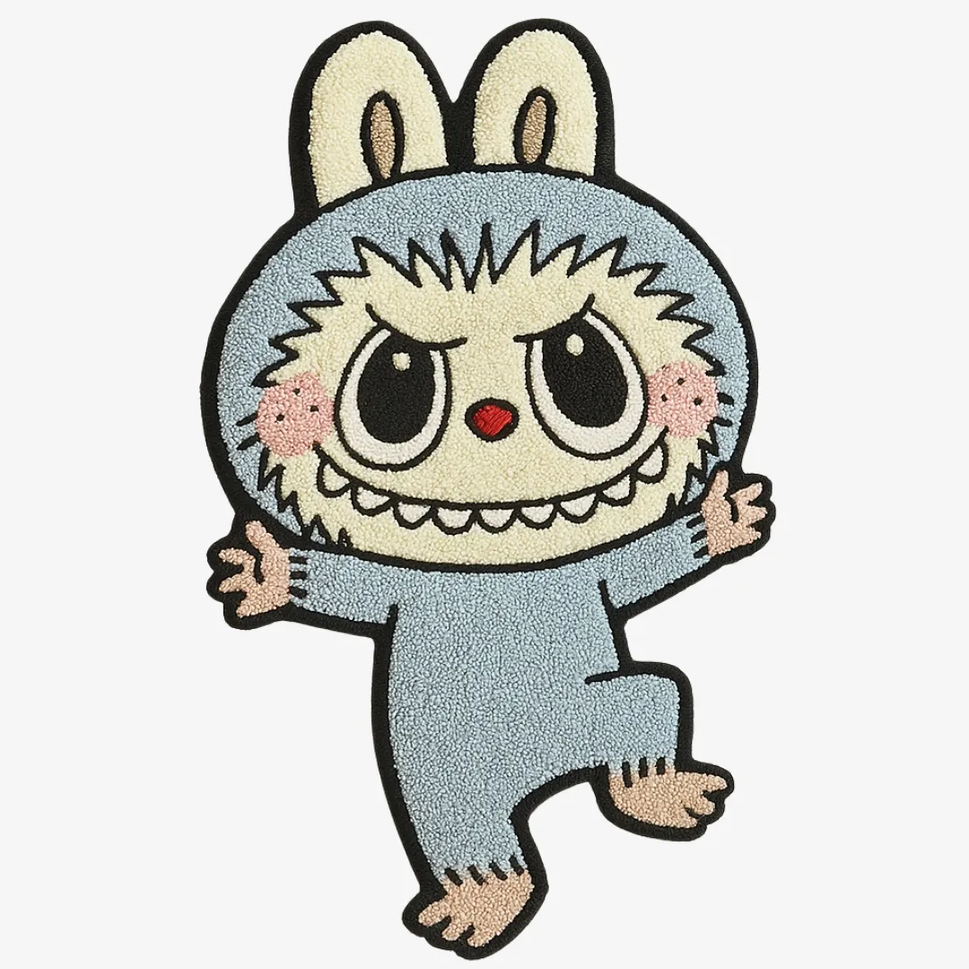 Dancing Labubu character rug in blue and pink