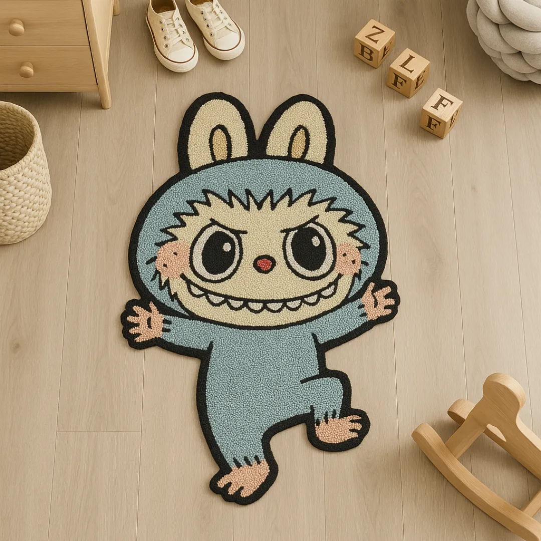 Hand-tufted wool rug shaped like dancing Labubu