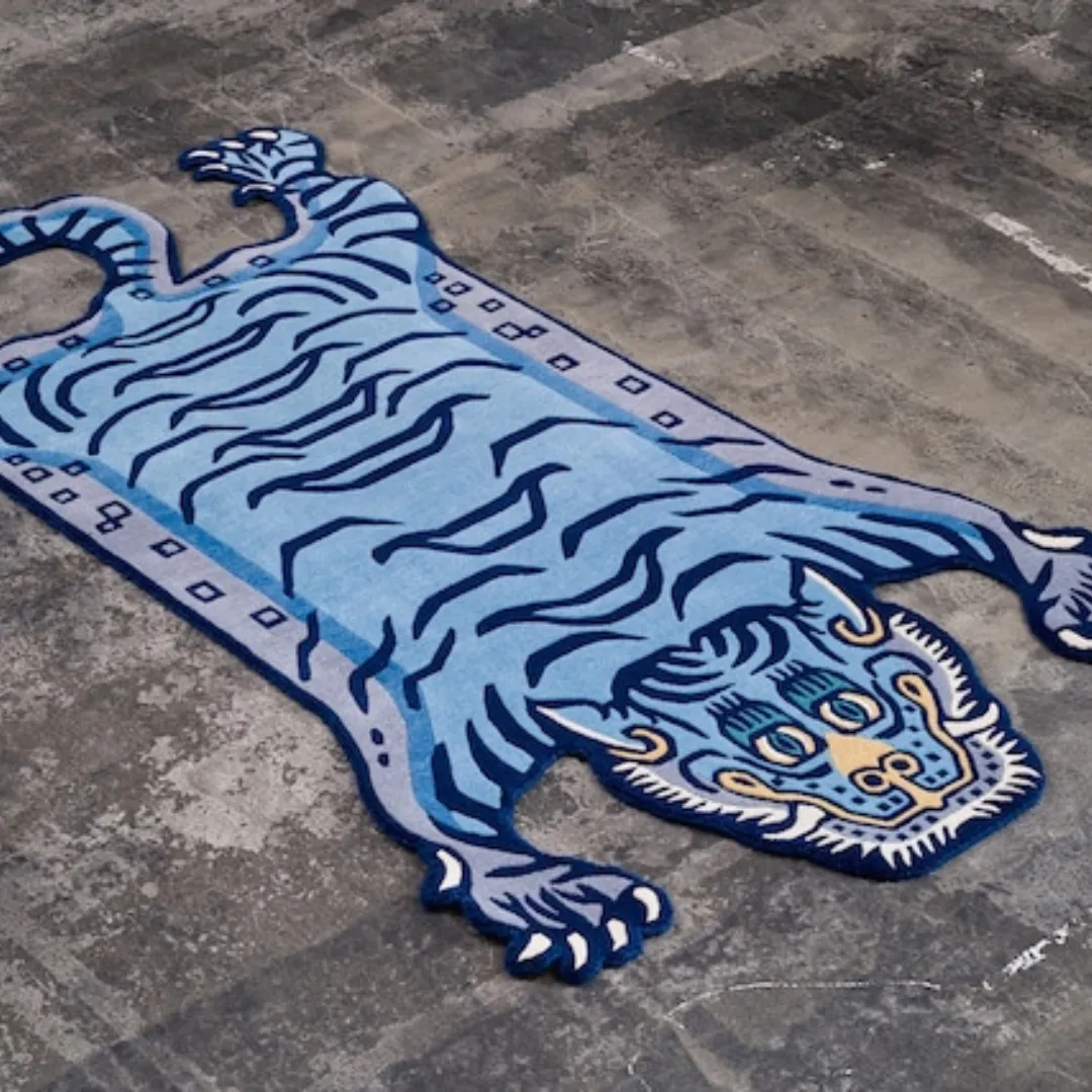 Blue Tibetan Tiger rug with bold traditional pattern