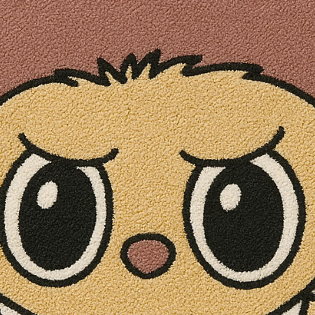 Detailed texture of eyes, stitched smile, and wool tufting