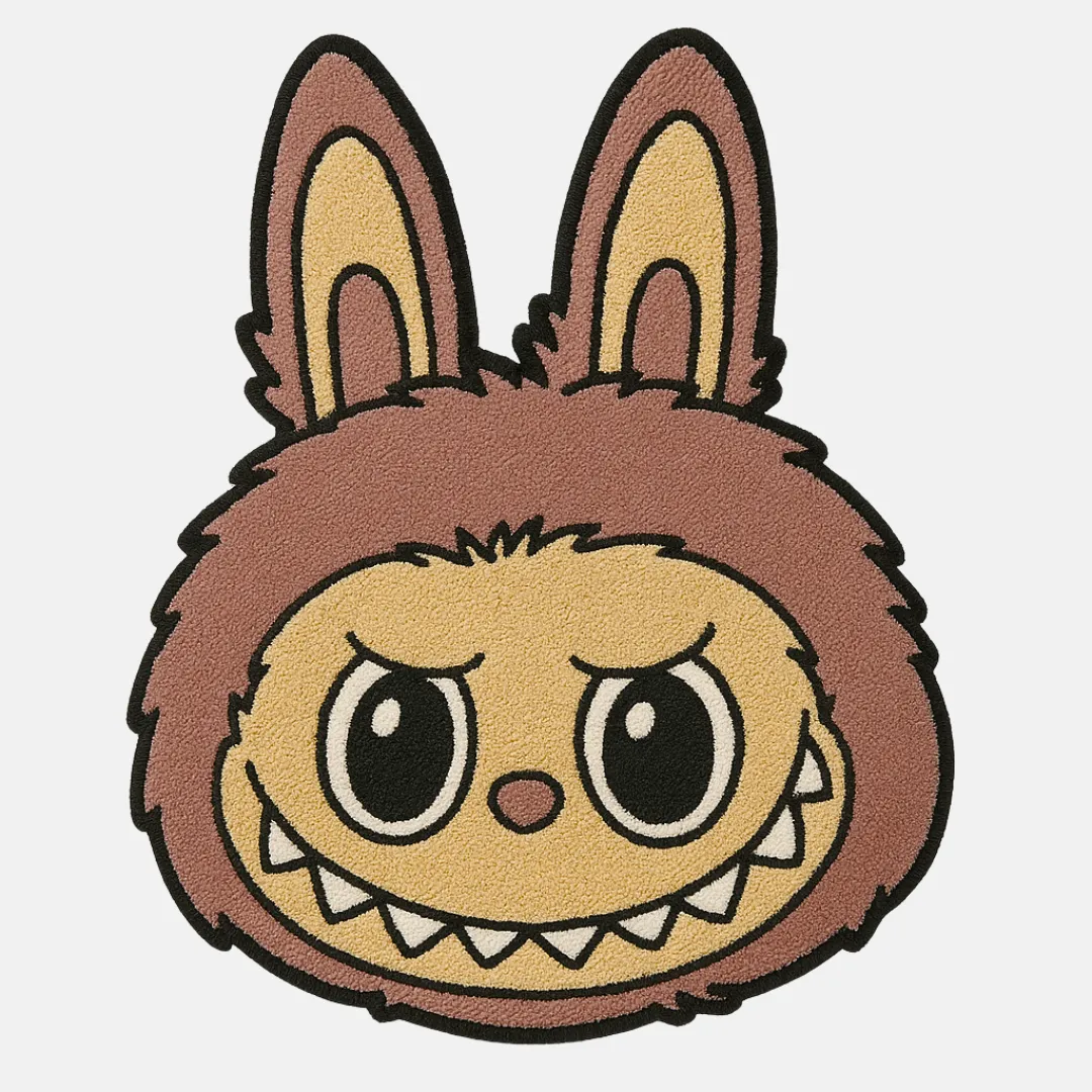 Brown Labubu character rug with wild eyes and grinning mouth
