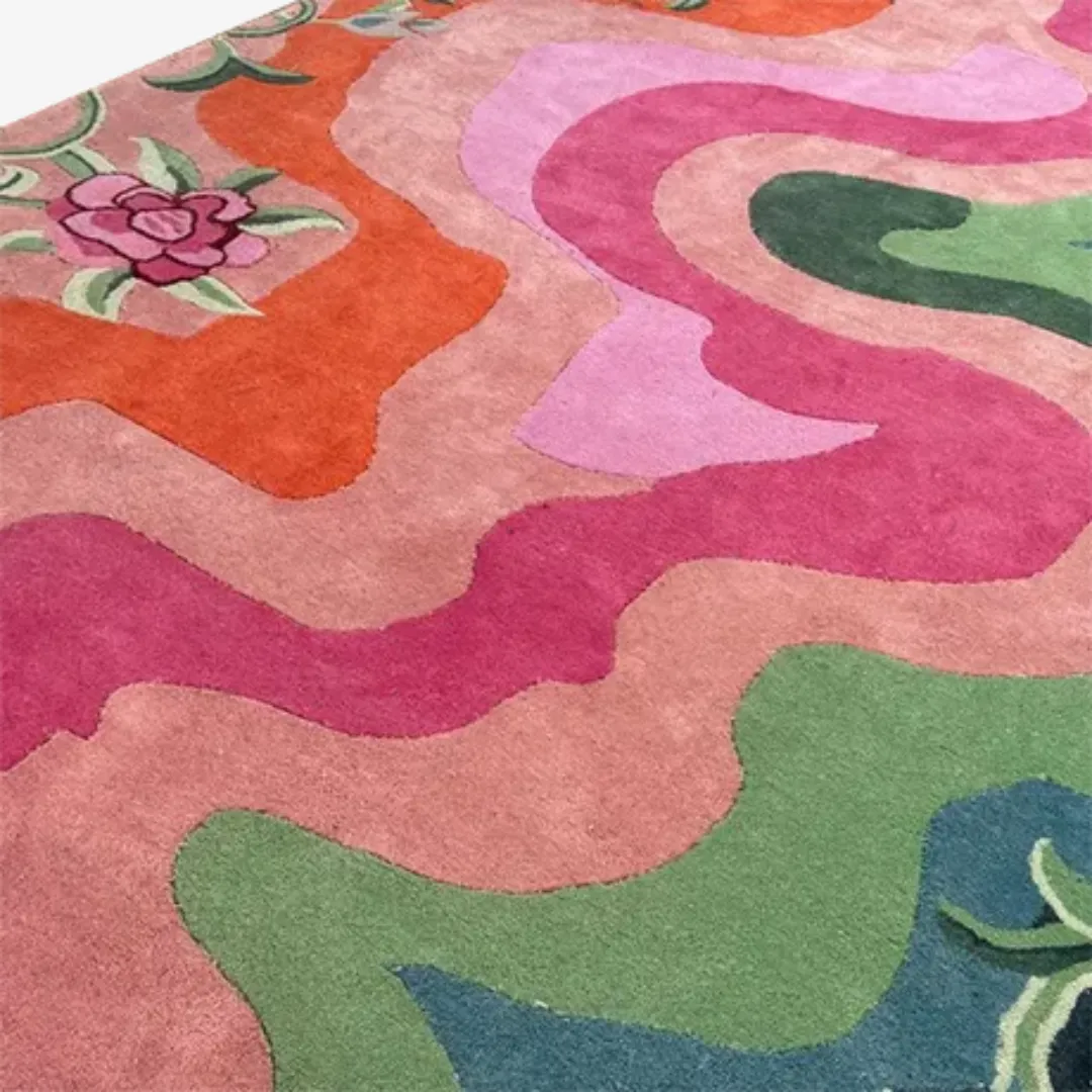 Colorful garden-inspired rug in a bright modern living room